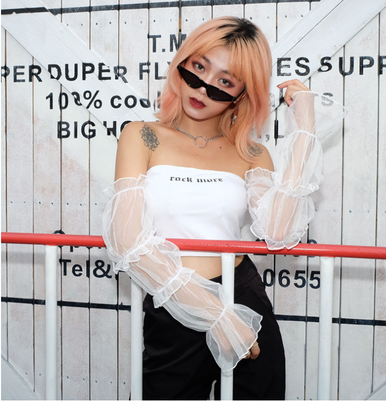 new sexy word shoulder tube top mesh long-sleeved umbilical shirt women