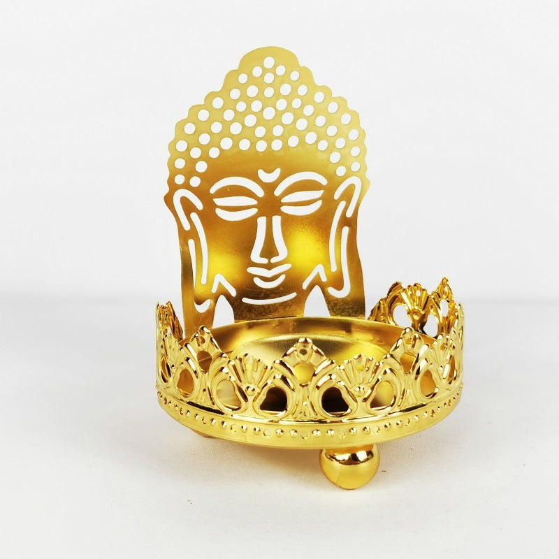 Art Buddha Candlestick Butter Oil Lamp Buddha Sitting on Lotus Feature Art Hollow Metal Candle Holder Carving Light and Shadow