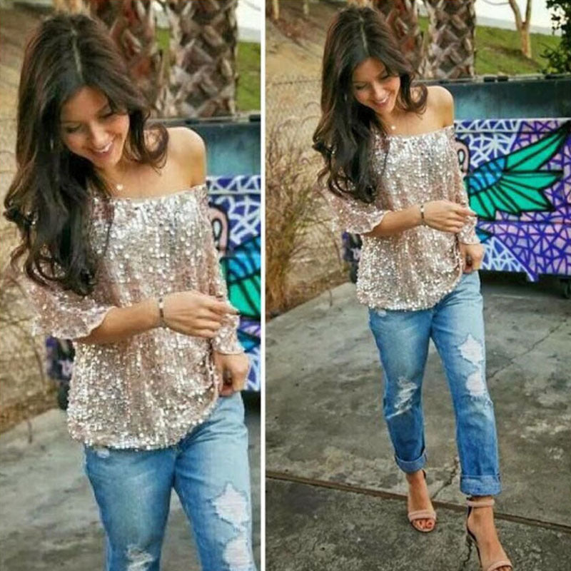 Loose Off Shoulder Sequin Glitter Blouses Summer Casual Shirts Vintage Streetwear Party Tops
