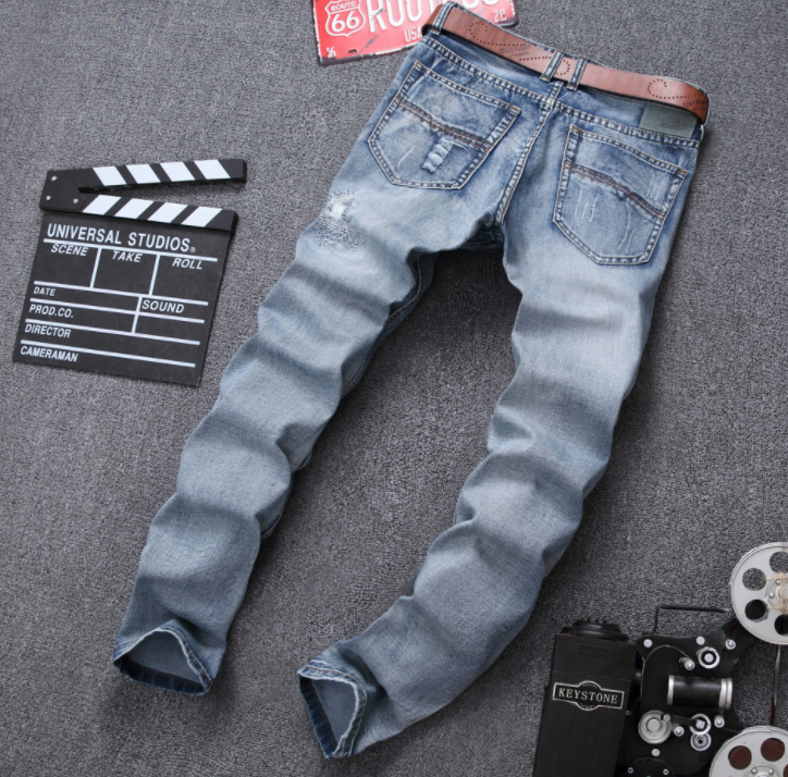 Mens Ripped Jeans Pants Light Blue Slim Fit Distressed Denim Joggers Male Plus Size Jean Trousers