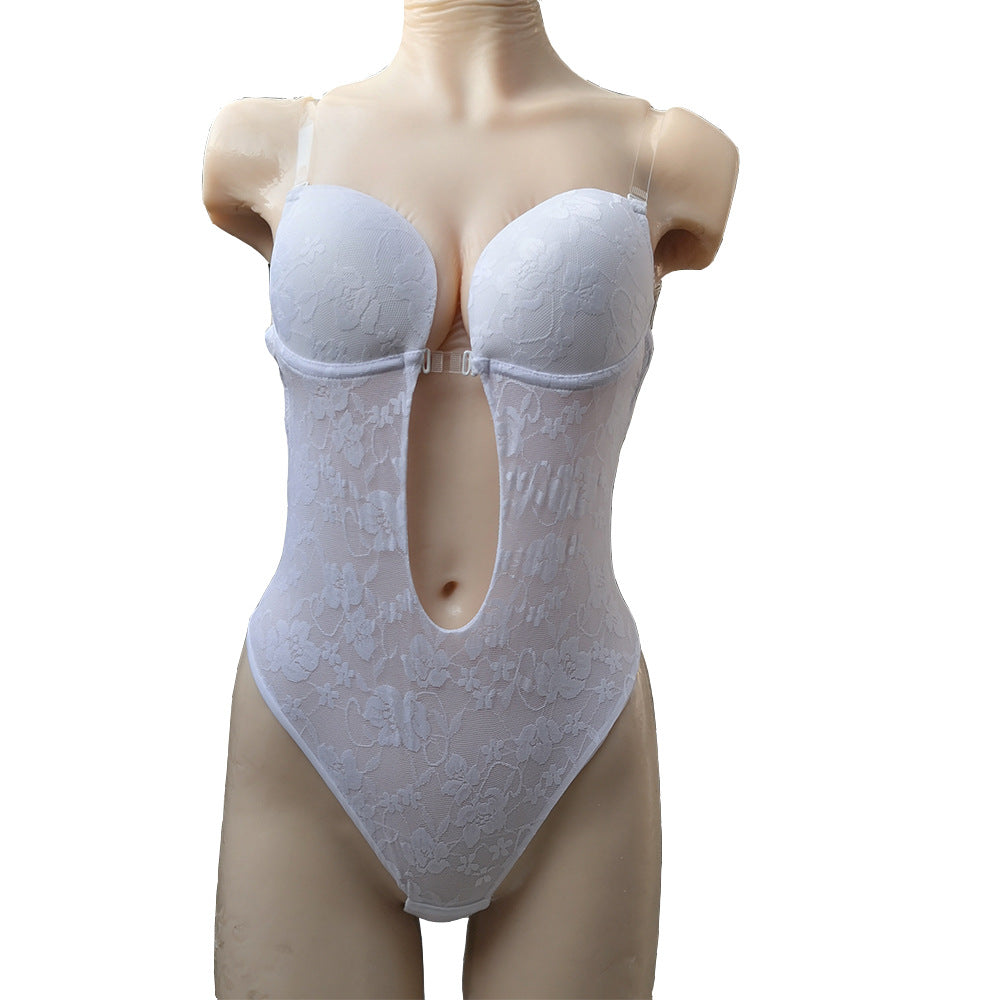 back transparent shoulder strap steel ring gathered chest corset body piece lace body shaping underwear