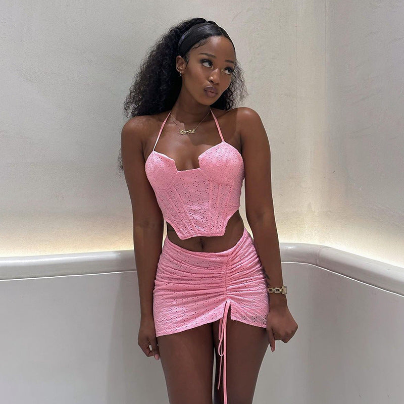 High Waisted Drawstring Pleated Skirt Two-piece Set
