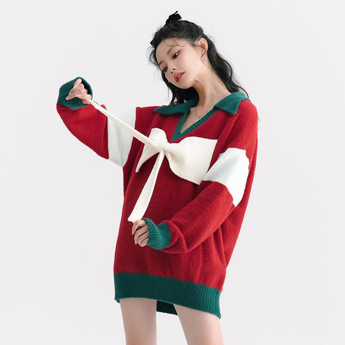 New Style Red Sweet And Cool Cute Bow Knitted Top Women