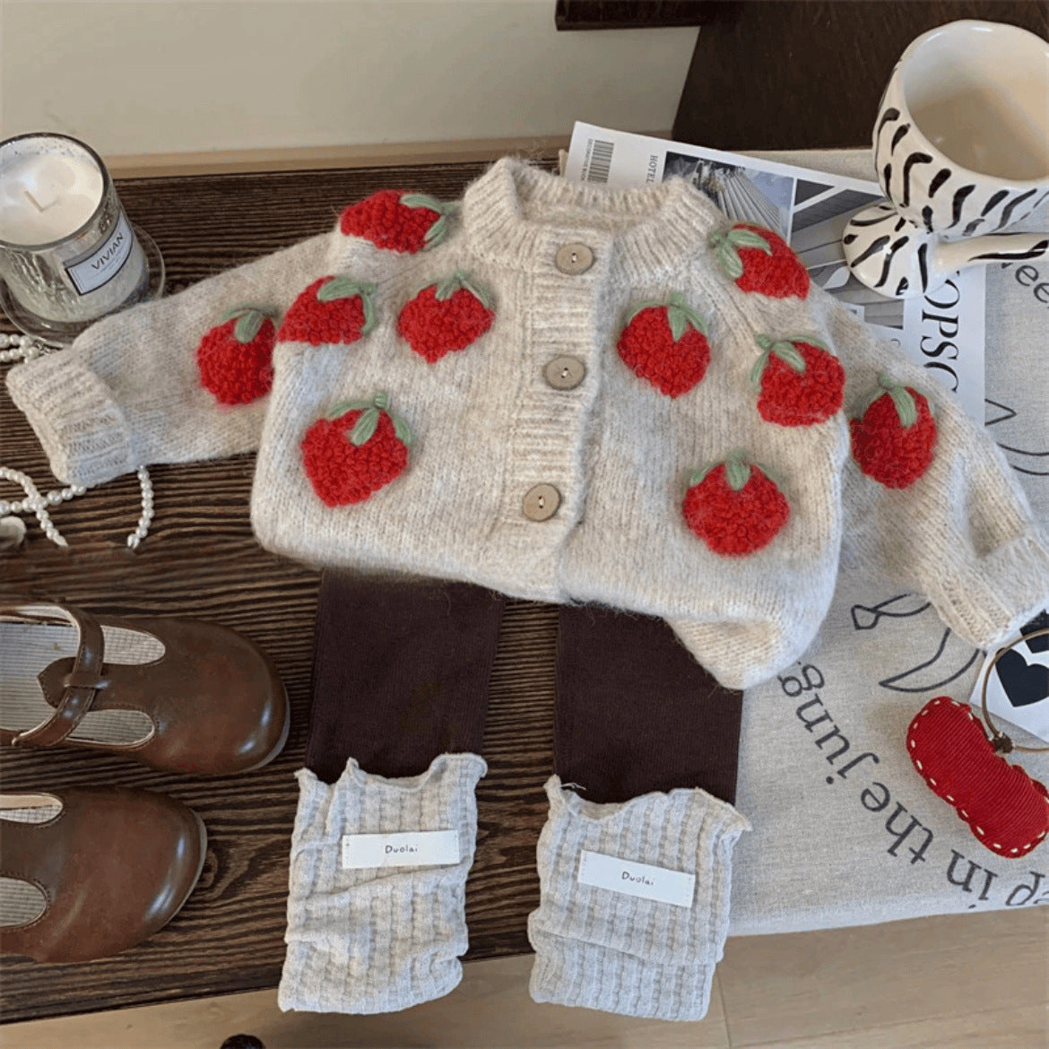 Baby Strawberry Knitted Coat Cardigan Two-piece Set