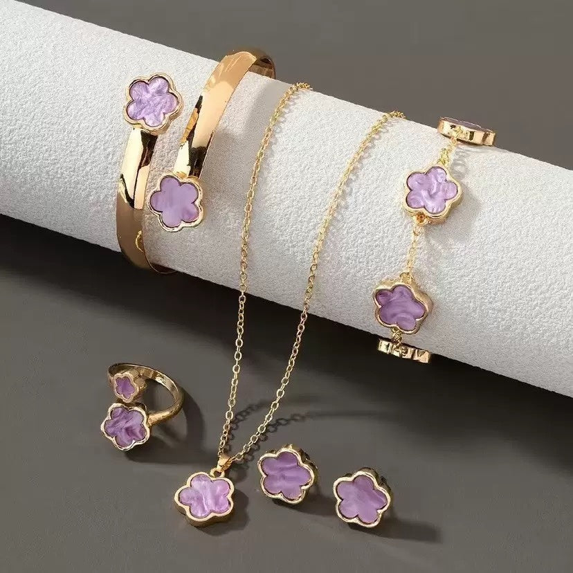 Five Petal Flower 5-piece Necklace Brace Lace Bracelet Stud Earrings Ring