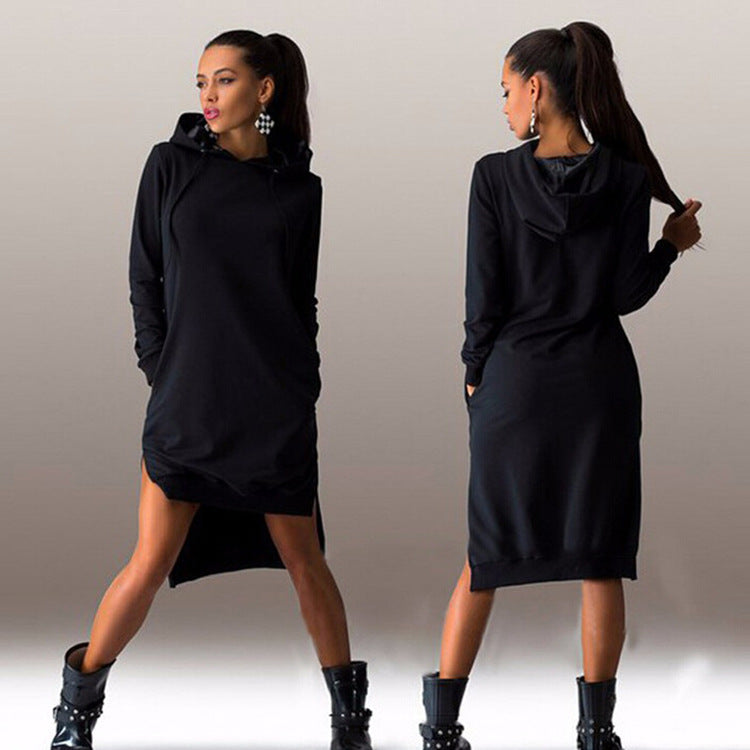 fashion irregular hooded long-sleeved dress sweater