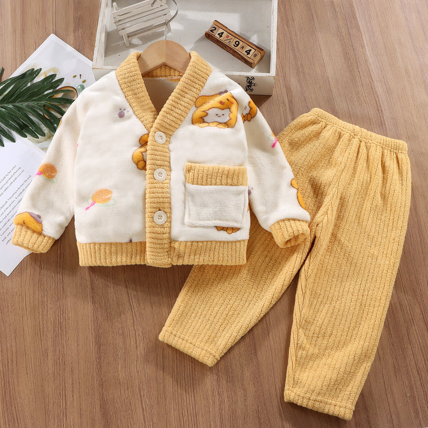 New Children's Homewear Boys And Girls Flannel Pajama Coat Thickened Warm Two-piece Set