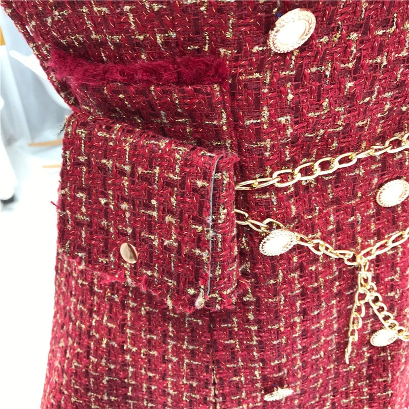 New Gold thread Plaid Suit Coat Women Notched Double breasted Feather Tassel Trim Slim Tweed Jacket With Free Belt bag