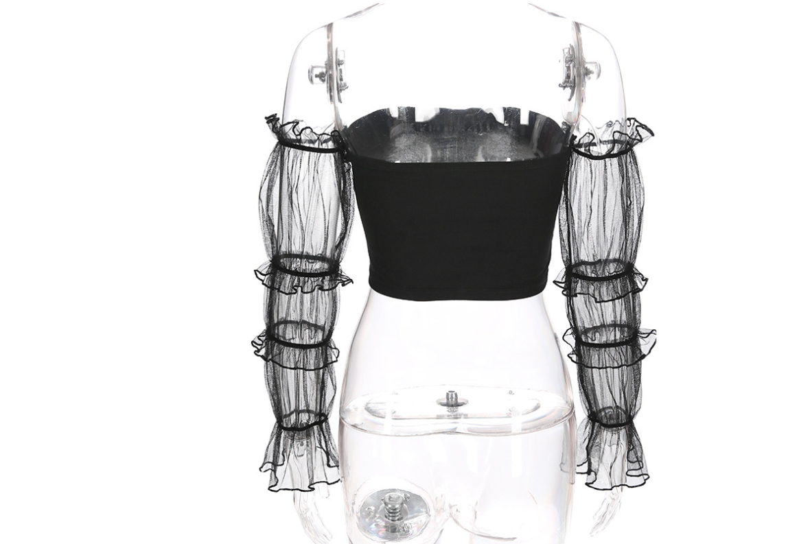 new sexy word shoulder tube top mesh long-sleeved umbilical shirt women