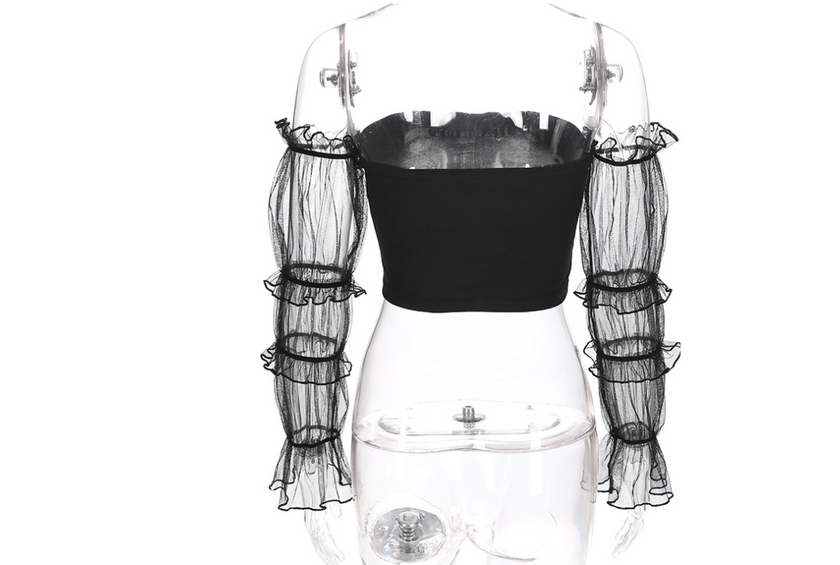new sexy word shoulder tube top mesh long-sleeved umbilical shirt women