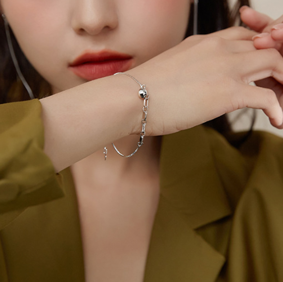 Punk Chain Instagram Niche Sterling Silver 925 Flake Beads Pendant Bracelet