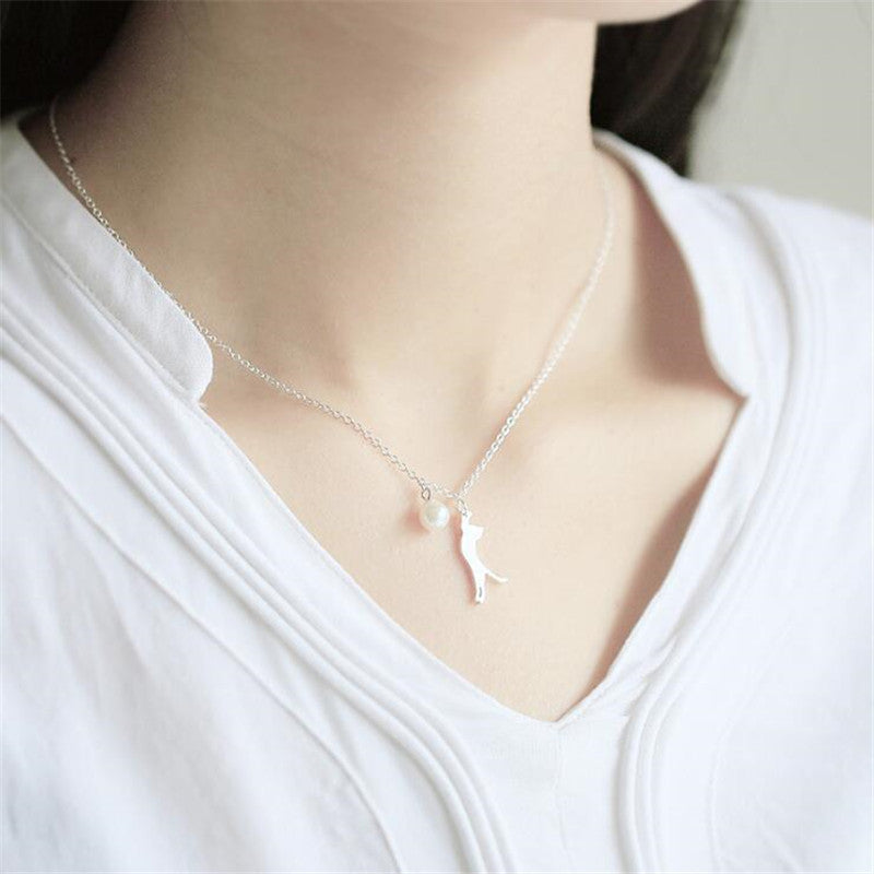 Cute Fashion Brushed Kitty Pearl With Clavicle Chain Necklace