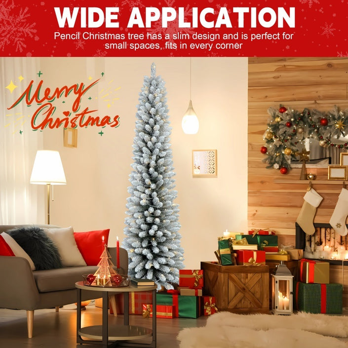 5FT 6FT 7FT Pre-Lit Flocked Pencil Christmas Tree, Artificial Fir Snow Slim Skinny Christmas Tree For Home, Office, Party Decoration WITH Branch Tips AND Warm White Lights, Metal Base