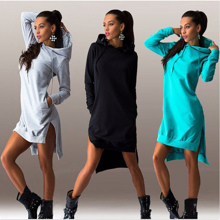 fashion irregular hooded long-sleeved dress sweater