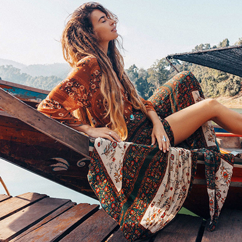 Long-sleeved long split skirt