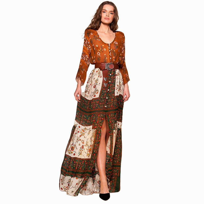Long-sleeved long split skirt