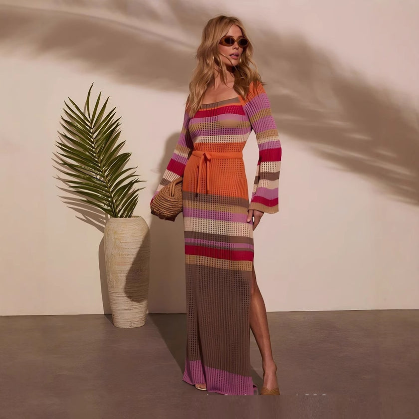 Sexy Beach Dress Striped Colored Pullover Knitted Dress