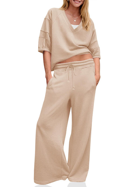 Fisoew Womens 2 Piece Outfits Casual V Neck Shirts Wide Leg Running Long Pants Loose Workout Tracksuit Sets