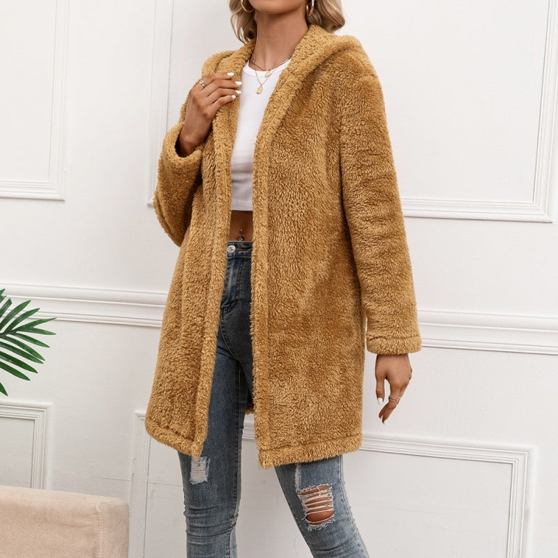 Lamb Wool Mid-length Cardigan Hooded Trench Coat