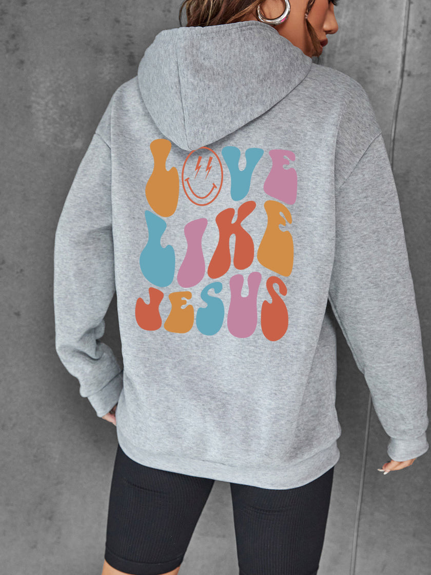 Brushed Hoody Back Letter Printed Kangaroo Pocket Drawstring Printed Hooded Sweater