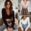 Ladies Summer Slim Crop Tops Long Sleeve T Shirt Casual Solid V Neck Knitted Short Tops