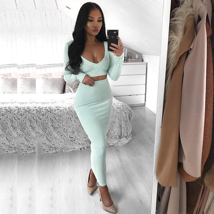 Cotton pit strip long sleeve two-piece skirt