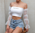 new sexy word shoulder tube top mesh long-sleeved umbilical shirt women