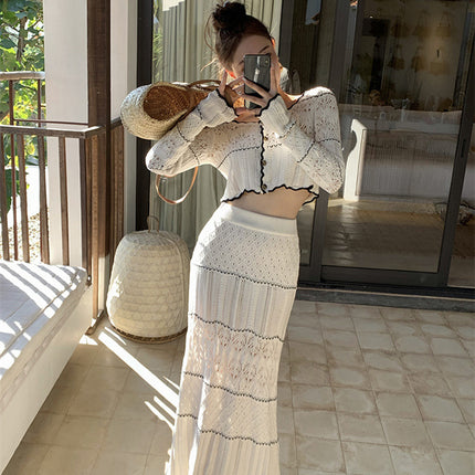Openwork Knitted Top Skirt Two-piece Set