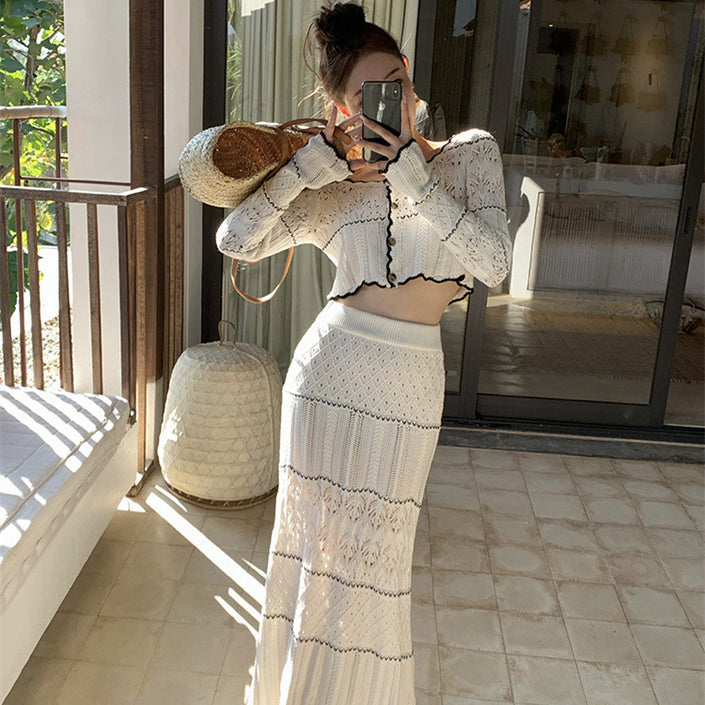 Openwork Knitted Top Skirt Two-piece Set
