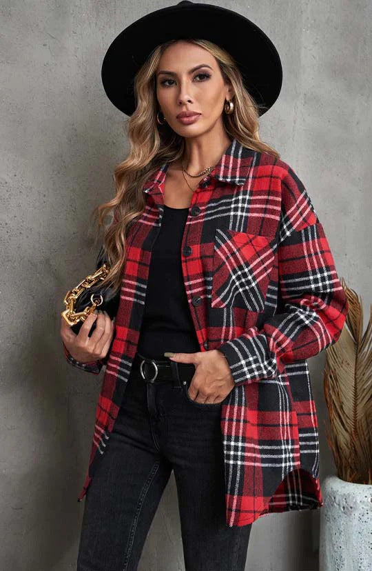 Lapel Single Breasted Shirt Women's Commuting Wear Loose Plaid
