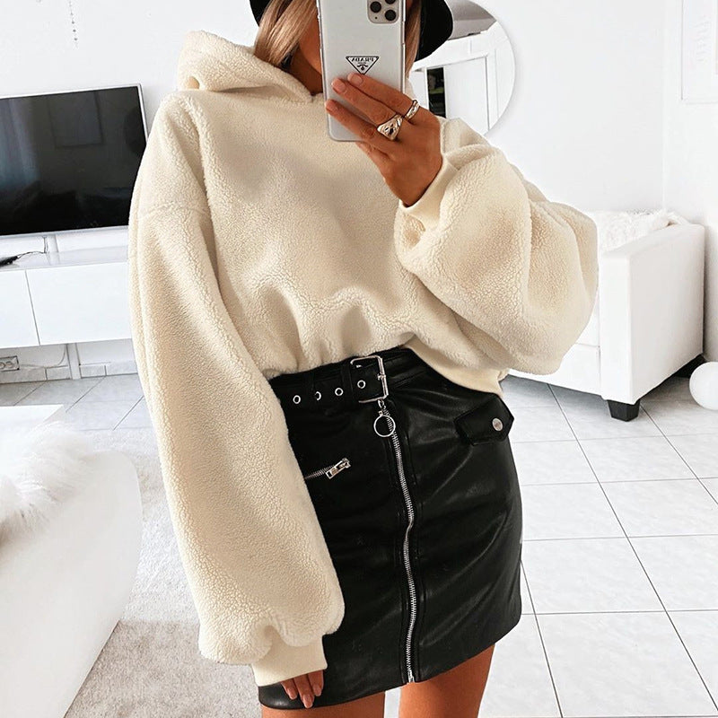 Solid color fur hooded loose coat