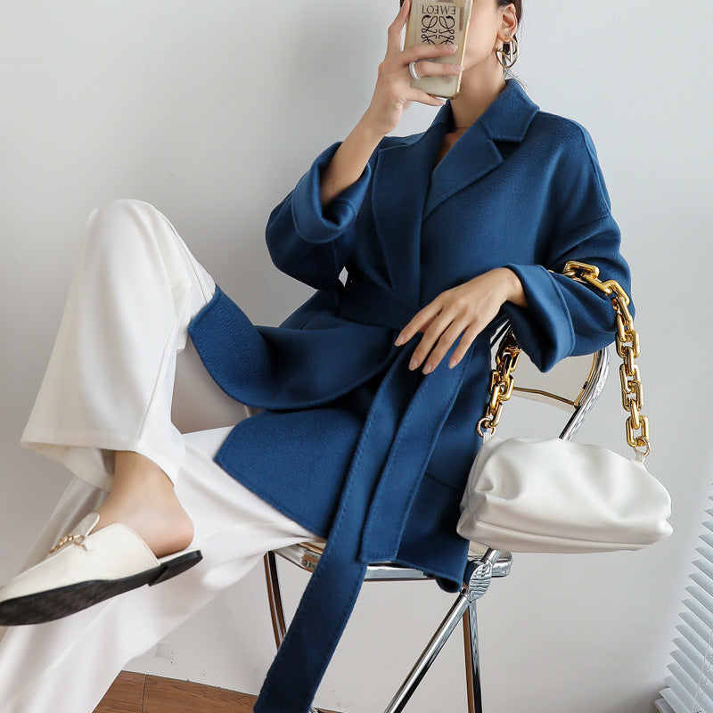High-end nightgown water ripple double-sided cashmere coat women lace wool