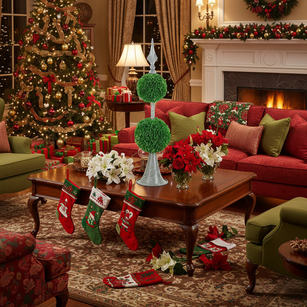 Artificial Tree Boxwood Topiary Two-Tier Natural Spheres D7x26.5in Artificial Plant Metal Stand Home Office Decor