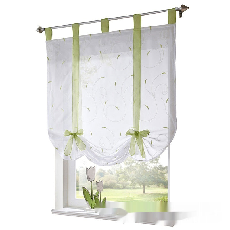 Embroidered Pastoral Adjustable Curtain Rod Ribbon Roman Window Screen