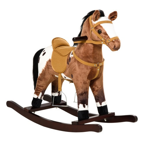 Qaba Kids Metal Plush Ride-On Rocking Horse Chair Toy With Realistic Sounds - Dark Brown White