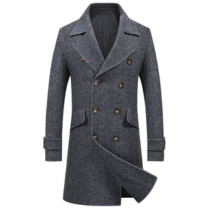 Double-breasted mid-length woolen coat