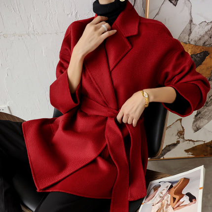 High-end nightgown water ripple double-sided cashmere coat women lace wool