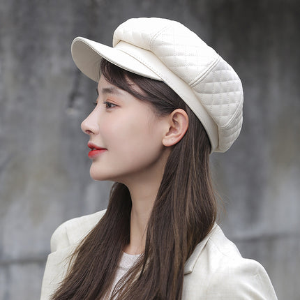 Leather Octagonal Hat Women Solid Color Beret