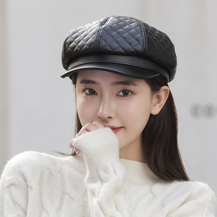 Leather Octagonal Hat Women Solid Color Beret