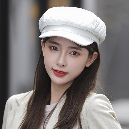 Leather Octagonal Hat Women Solid Color Beret