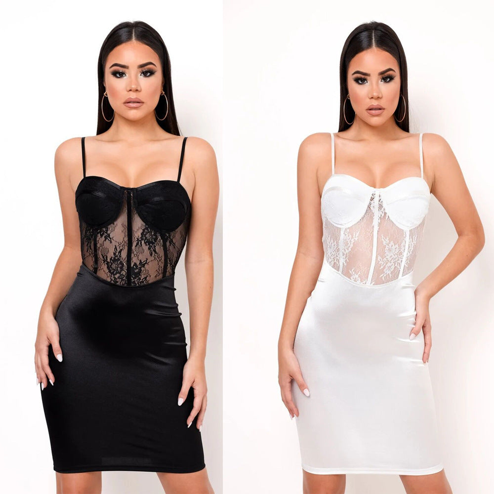 Satin Stitching Lace Hollow Perspective Wrapped Chest Strap Bag Hip Dress