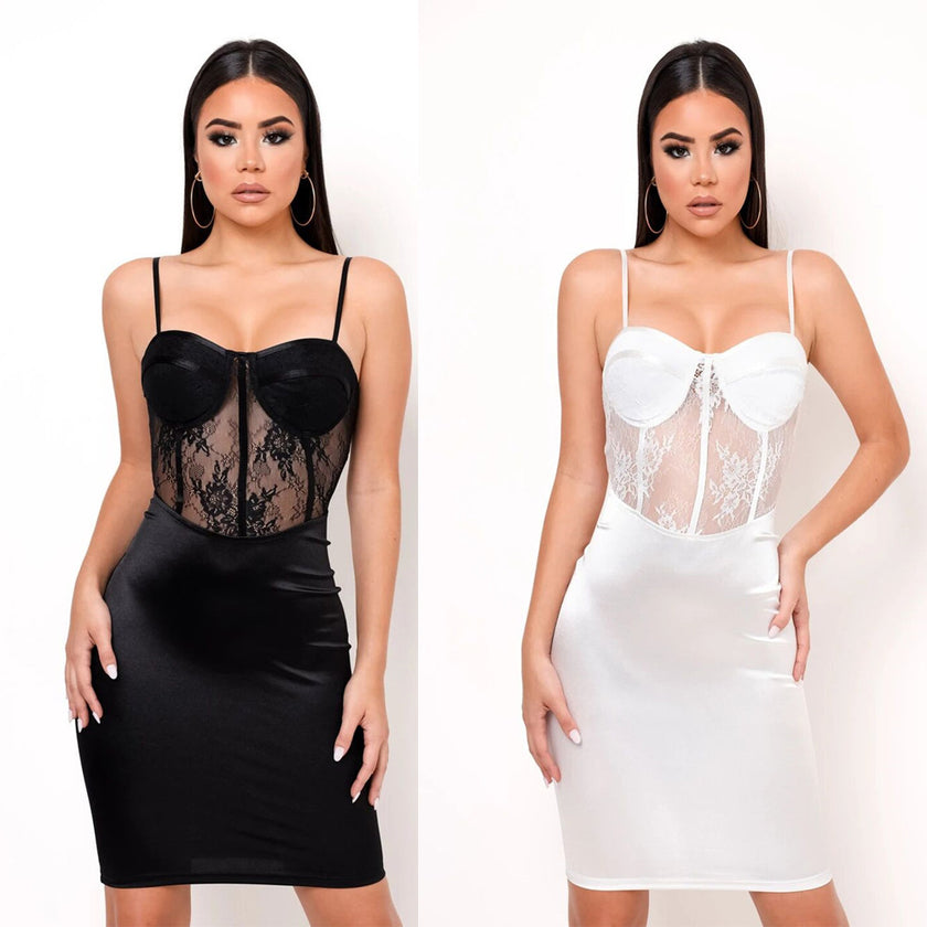 Satin Stitching Lace Hollow Perspective Wrapped Chest Strap Bag Hip Dress