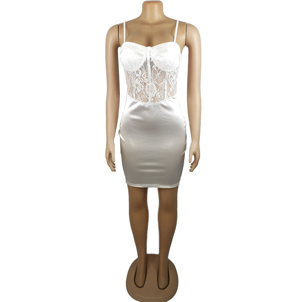 Satin Stitching Lace Hollow Perspective Wrapped Chest Strap Bag Hip Dress