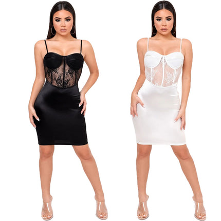 Satin Stitching Lace Hollow Perspective Wrapped Chest Strap Bag Hip Dress