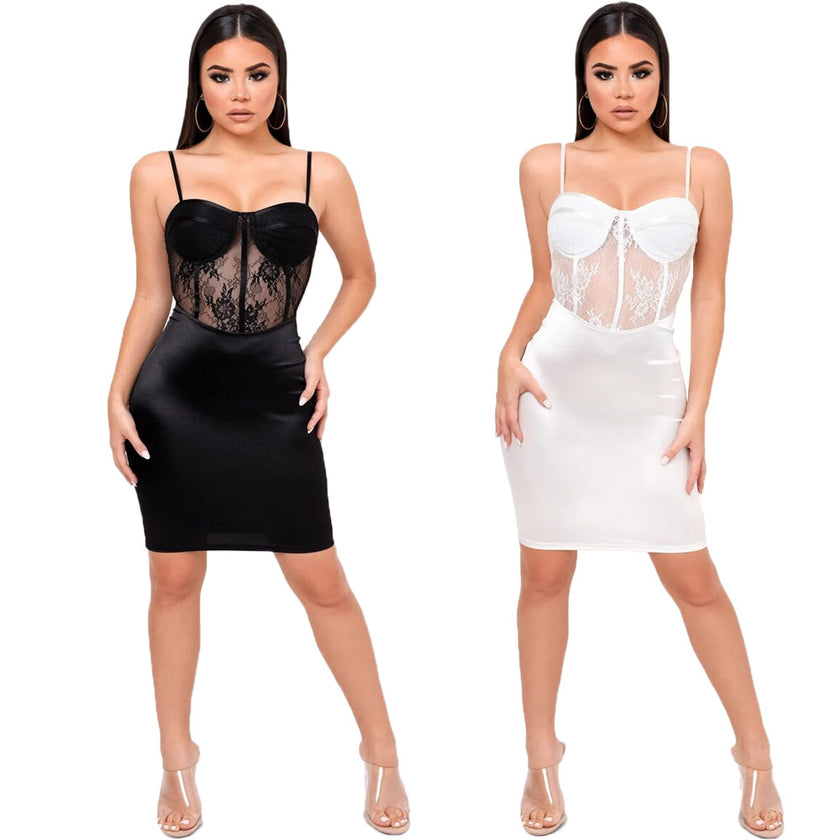 Satin Stitching Lace Hollow Perspective Wrapped Chest Strap Bag Hip Dress