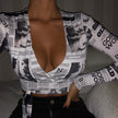 V-neck Cropped Print t shirt Women Bandage Bodycon Long Sleeve Tee Shirt Femme Crop Top