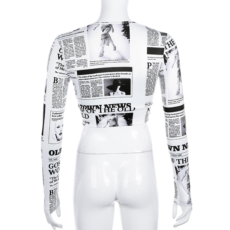 V-neck Cropped Print t shirt Women Bandage Bodycon Long Sleeve Tee Shirt Femme Crop Top