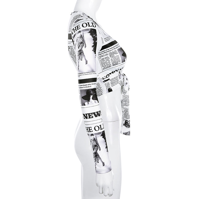 V-neck Cropped Print t shirt Women Bandage Bodycon Long Sleeve Tee Shirt Femme Crop Top