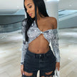 V-neck Cropped Print t shirt Women Bandage Bodycon Long Sleeve Tee Shirt Femme Crop Top