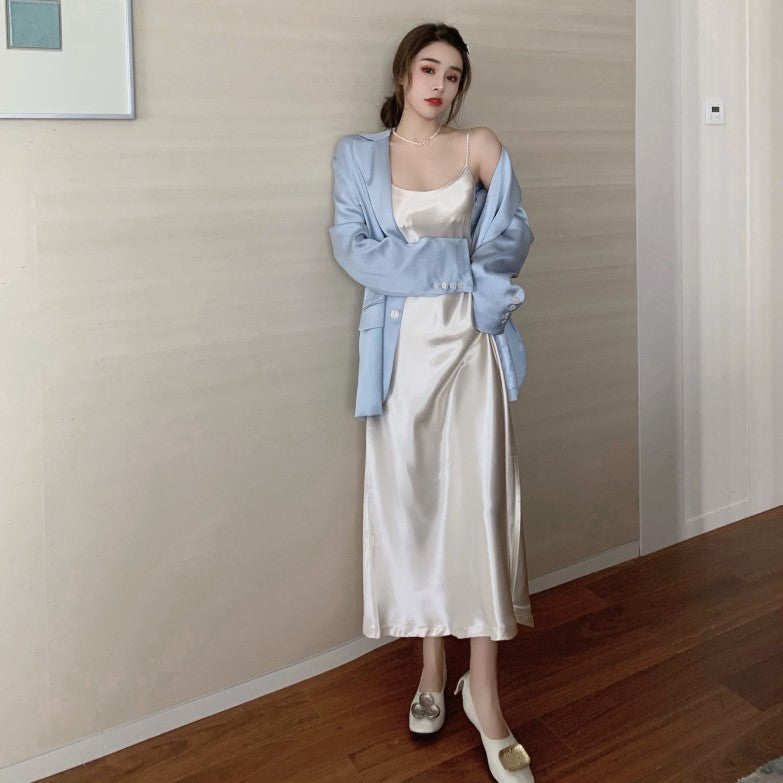 Flavor Satin Suspender Skirt  Casual Gloss Suit